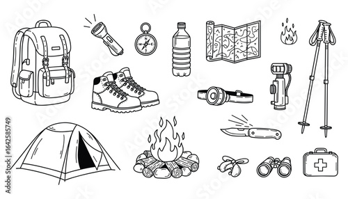 Doodle Style Hiking and Camping Equipment Icons: Essential Gear for Adventure Outing