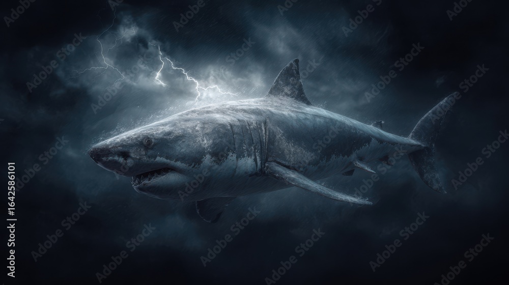 Fototapeta premium Sea monster shark with jagged dorsal fin, dramatic backlighting, realistic textures, isolated on dark storm background