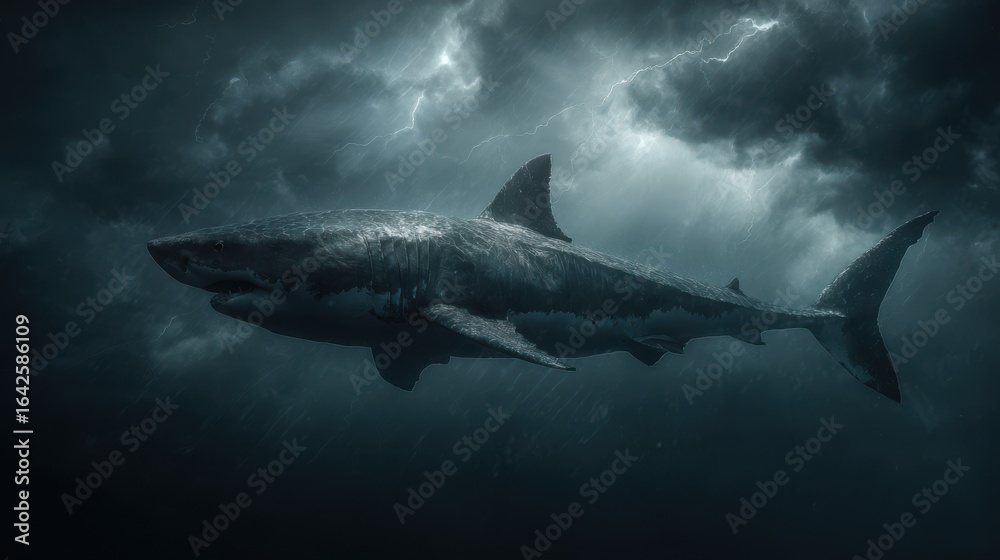 Fototapeta premium Sea monster shark with jagged dorsal fin, dramatic backlighting, realistic textures, isolated on dark storm background