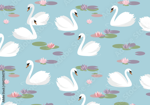 Elegant White Swans and Water Lilies Pattern on Light Blue Background.