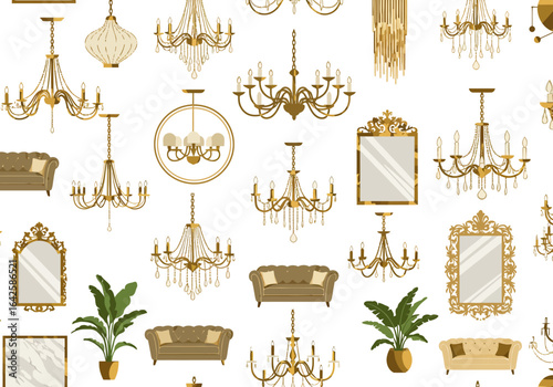 Elegant Interior Design Pattern with Chandeliers Sofas Mirrors and Plants.