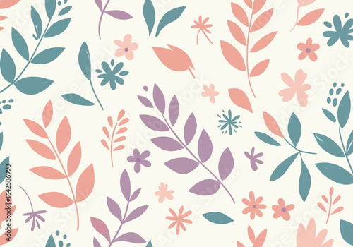 Pastel Floral Pattern with Leaves and Flowers on Cream Background.
