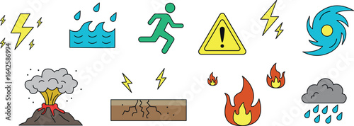 自然災害アイコンセット（地震・台風・火山・雷・洪水・火災）