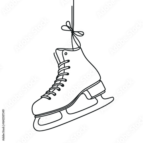 Ice skate hanging from a string in minimalist line art style  