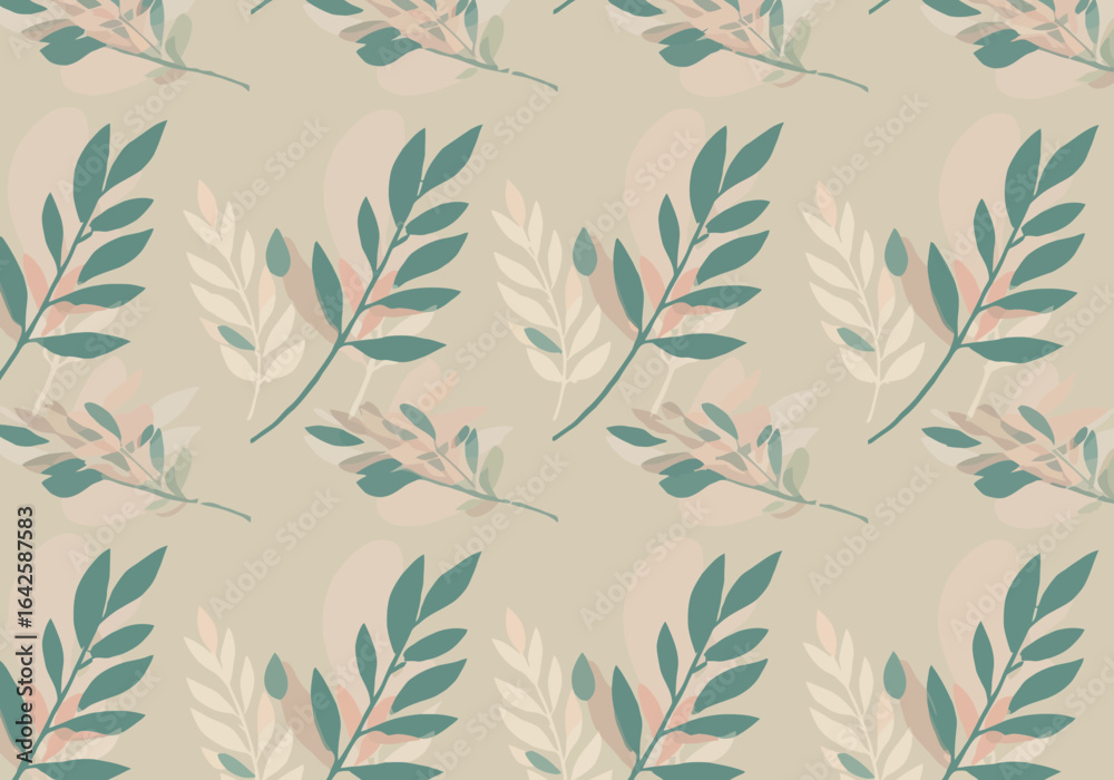 Fototapeta premium Botanical Pattern with Teal and Cream Leaves on Beige Background.
