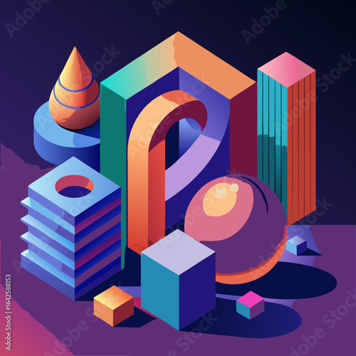 Bold volumetric forms with shadows, gradients, and depth, giving a sense of realism while maintaining abstract design principles.