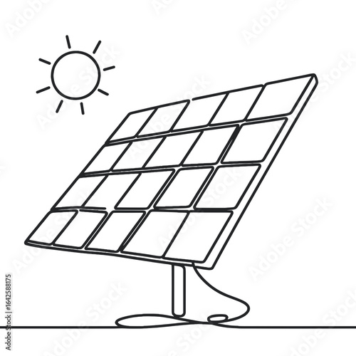 Solar panel with sun illustration in minimalist line art style  