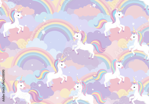 Seamless Pattern of White Unicorns with Rainbows and Clouds.