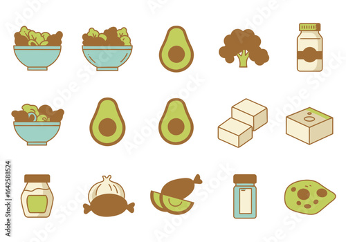 Pixel Art Healthy Food Icons: Salads, Avocados, Tofu, and More