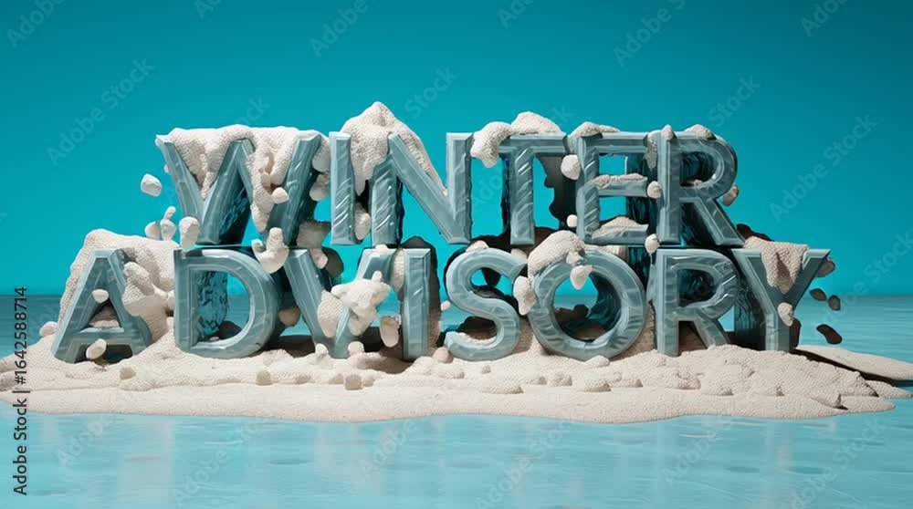 Winter advisory title text animation with snow, ice block letters - a ...