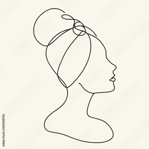 Line art of woman with hair bun and headscarf in minimal style  