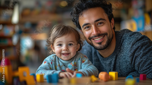 Joyful father and child playing with colorful building blocks indoors