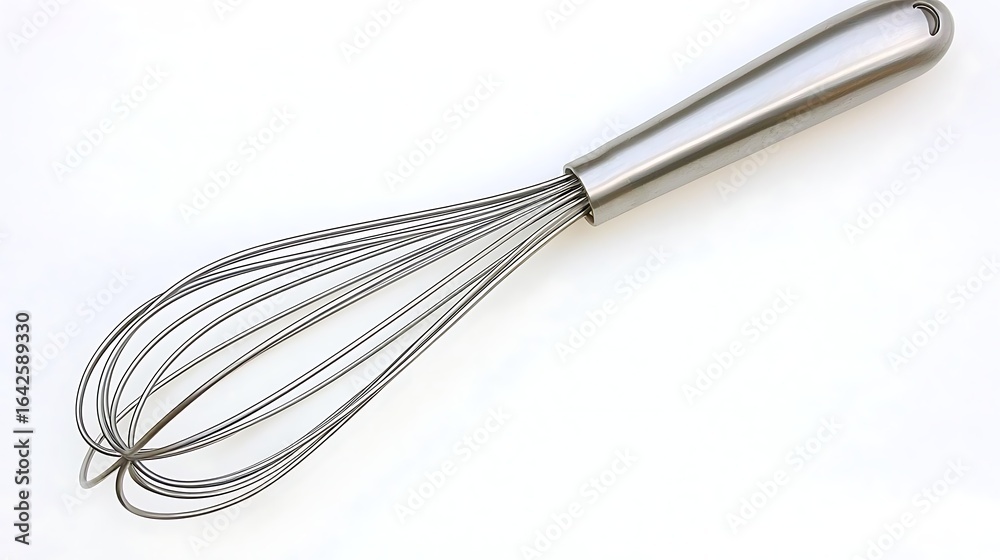 Close-up of baking whisk laid horizontally against white background taken with 50mm lens, focus on smooth metallic loops and subtle shadow beneath Close-up of baking whisk laid horizontally against white background taken with 50mm lens, focus on smooth metallic loops and subtle shadow beneath
