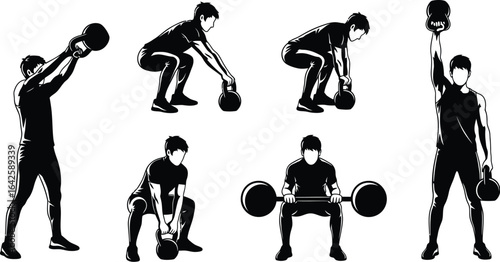 Silhouette of a man doing different weightlifting exercises with kettle bell and barbell, showcasing strength, fitness, and healthy lifestyle through various poses