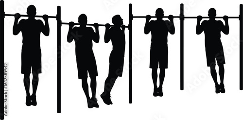 Silhouette of a man doing pullups a bar, the illustration shows the different stages of the exercise, from the starting position to the final position and failure