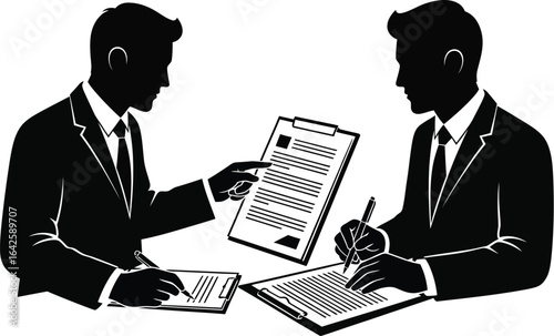 Two businessmen in silhouette are discussing and signing a contract a clipboard, one man is pointing at the document while the other is signing it with a pen