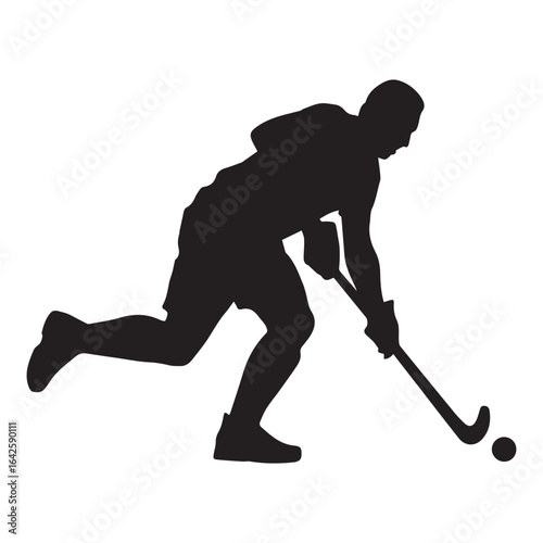 Hockey player silhouette running with ball on white background
