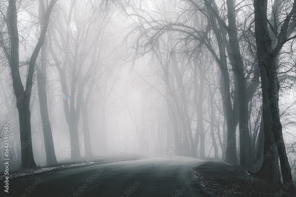 Obraz premium Eerie winding road disappearing into a dense forest on a foggy morning