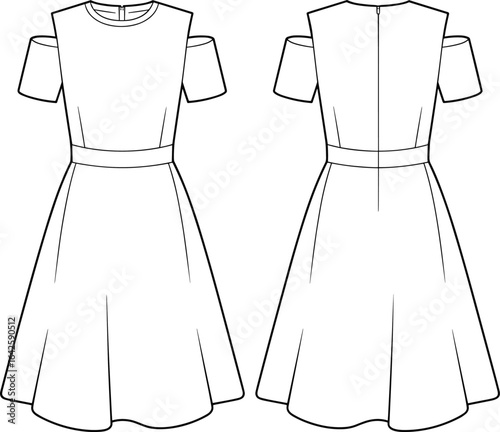 Cold shoulder dress fashion flat, front and back view, A-line silhouette, short sleeve design, vector sketch, CAD apparel template