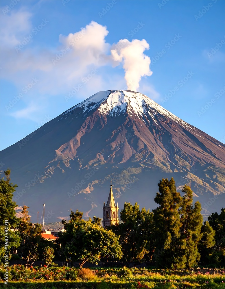 Obraz premium Volcanic mountain with smoke, town, and trees