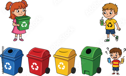 Children learning to recycle waste with colorful bins, cartoon style, teaching environmental awareness, waste management, eco-friendly concept illustration