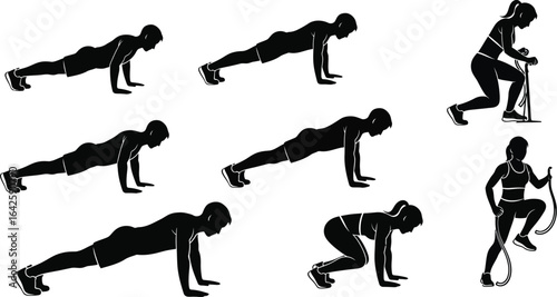 Silhouette of people doing exercise, fitness workout, pushups, rope and dumbbell training