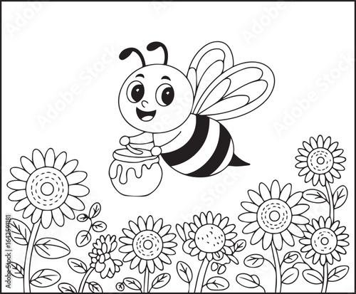 Beautiful cartoon bee with flower and honeypot coloring page for kids, black line art vector illustration design elements for children coloring book design