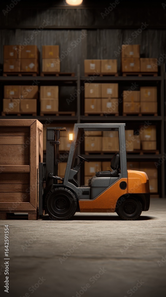 Naklejka premium Forklift Truck Lifting Wooden Crate Box in Warehouse Setting with Storage Racks