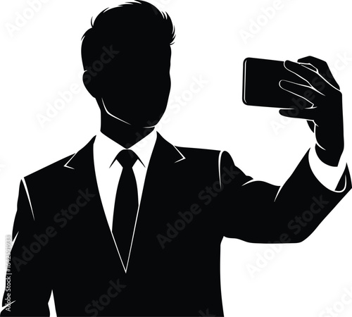 Silhouette of a man taking a selfie with a phone, representing the concept of modern communication, social media, and digital lifestyle in a connected world