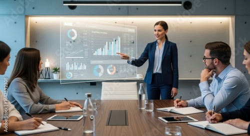 Professional Business Meeting in a Modern Office with a Female Presenter Highlighting Data Insights Using Digital Displays