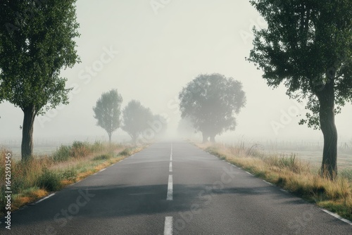 Misty Roadscape with Trees, Foggy Scenery, Asphalt Road and Central White Line