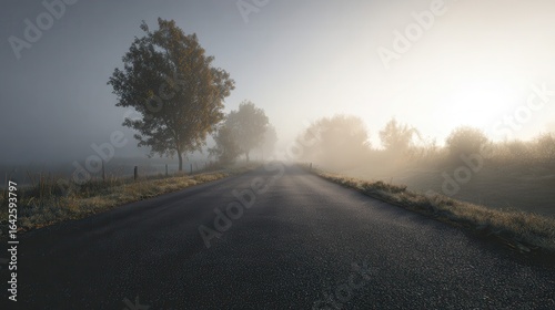 Moody Asphalt Road With Trees Lining in Foggy Rural Landscape during Sunrise