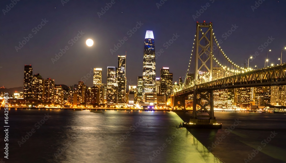 Fototapeta premium City skyline bridge night moon