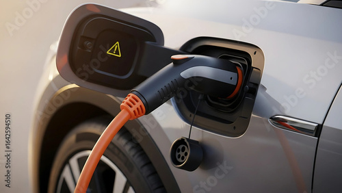 Modern electric vehicle recharging its battery with a power cord plugged into the charge port at sunset.