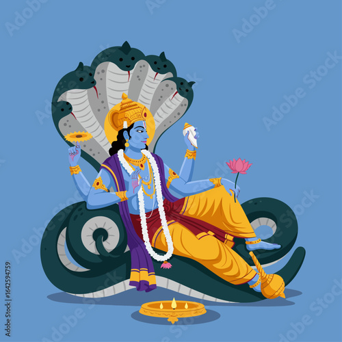 A serene flat design vector illustration of Lord Vishnu, reclining on the cosmic serpent Shesha, holding his divine attributes.