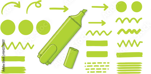 Green Highlighter and Drawn Elements | Vector Illustration for Highlighting Text, Marking Important Information, and School Supplies