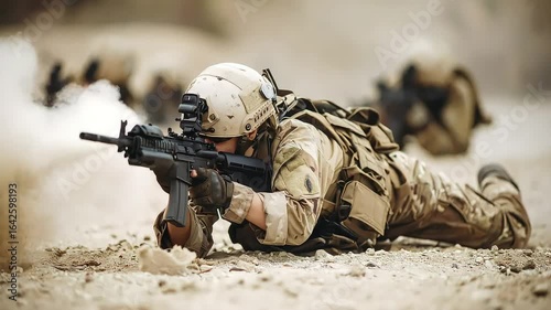 Military soldier in prone position with rifle