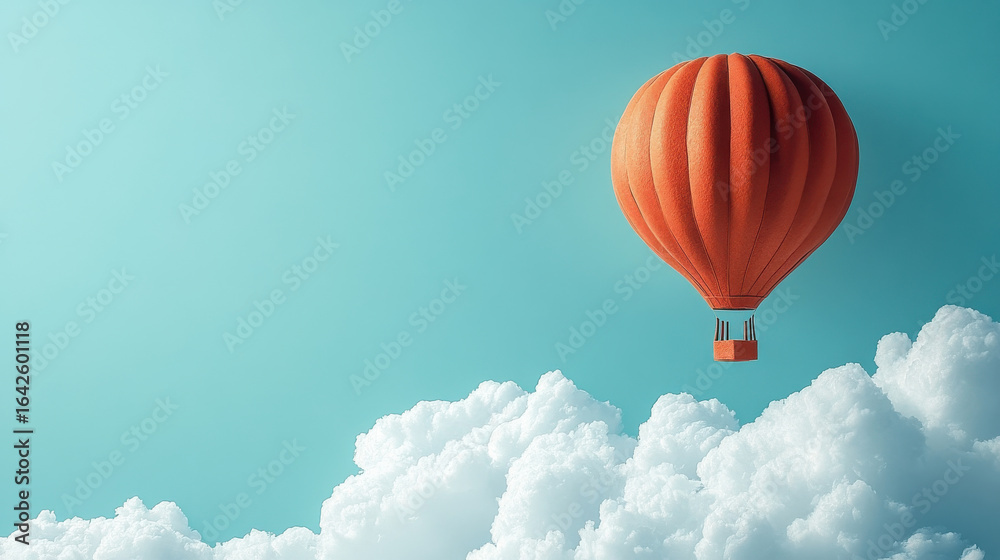 Fototapeta premium Vibrant Orange Hot Air Balloon Floating Above Fluffy White Clouds