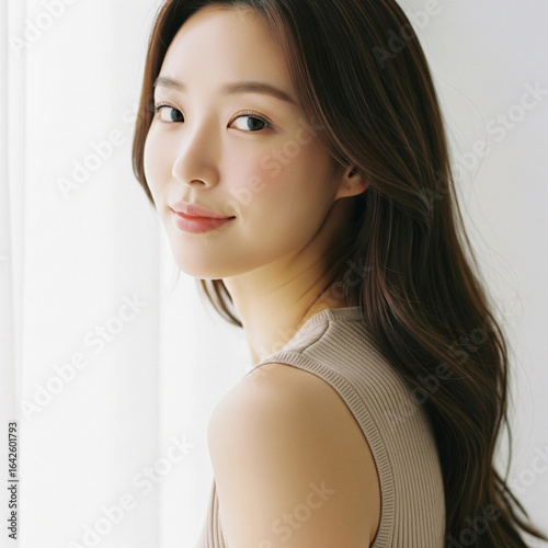 Korean Woman in Beige Knit Top with Over-the-Shoulder Look
