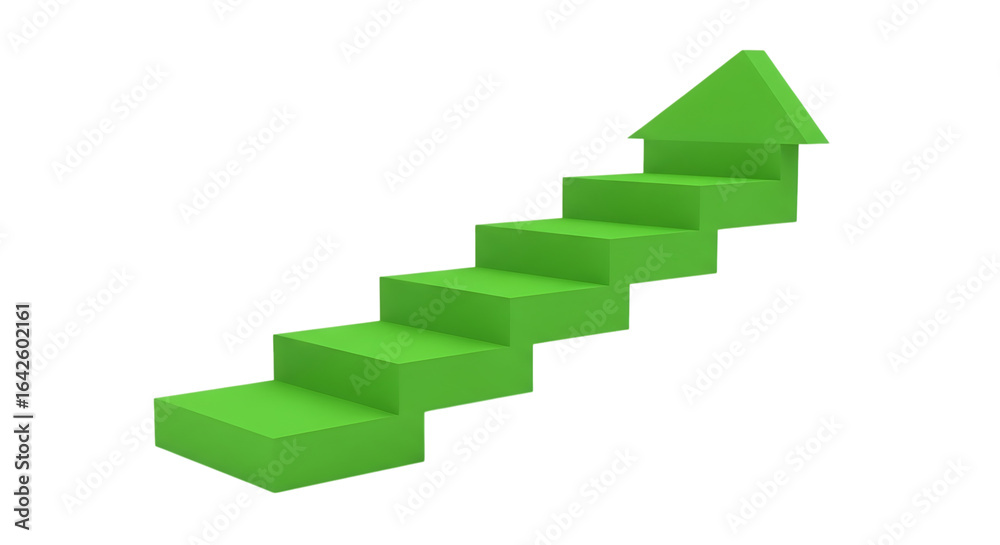 Obraz premium 3d Green staircase with arrow indicating upward progress isolated on transparent background