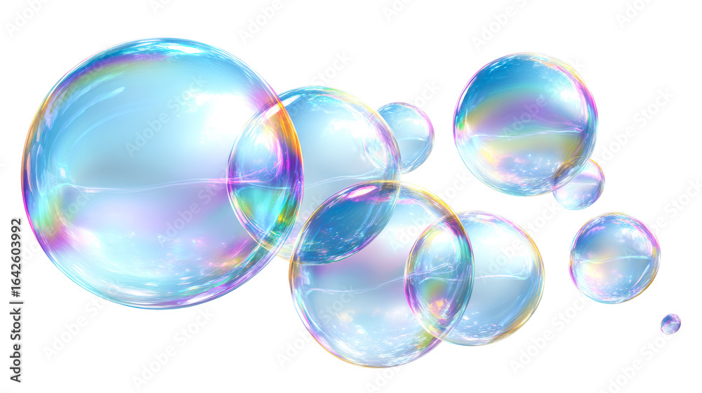 Obraz premium Floating iridescent soap bubbles with reflections on a white canvas