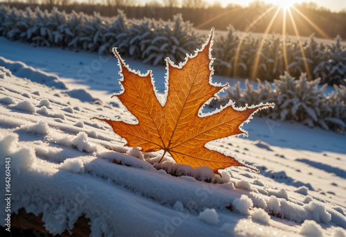 Autumn leaves and a snow-covered forest landscape with frost-covered trees 