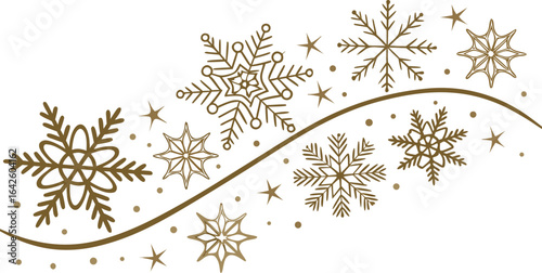 Golden Snowflake and Star Wave Border Vector – Elegant Holiday Frame Design
