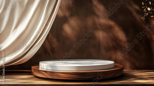 Simple Display Platform with Curtain and Warm Brown Wall Background