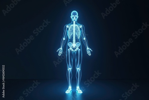 3d rendering of a human skeleton against a dark background.