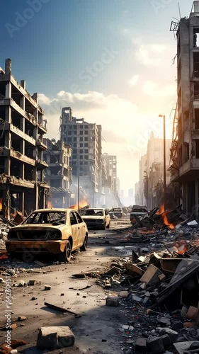 Post disaster urban scene with ruined buildings