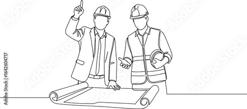 Construction planning meeting, architects discussing blueprint, engineer collaboration line drawing, site development teamwork, architectural project design, minimal outline illustration