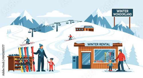 Whimsical winter scene at a snowy resort featuring family skiing activities