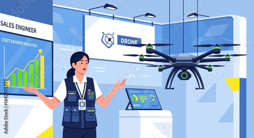 Drone technology presentation at a trade show with sales engineer explaining features