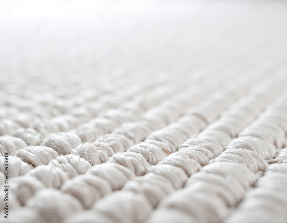 Fototapeta premium A close-up view of soft, fluffy white yarn delicately arranged on a cozy bed, with a textured blanket and gentle sunlight filtering through nearby curtains.